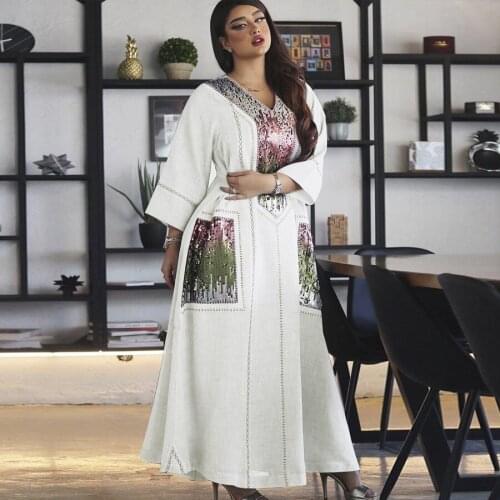 Islamic Muslim Ethnic Abaya Ramadan Embroidered Sequins Plus Size Maxi Dress For Women Turkey Arabic V Neck Long Sleeve Jalabiya