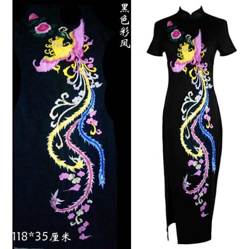 1Pcs 118*35cm Large Embroidered Phoenix Applique Black Red Mesh Phoenix For Cheongsam Dress Clothes Applique A175