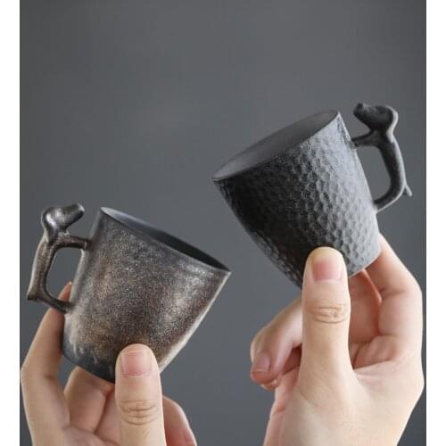 100ml Cute Pottery Tea Coffee Mugs with Dog Handles Vintage Earthenware Espresso Cups Janpanese Ceramic Teacups Retro Home Decor