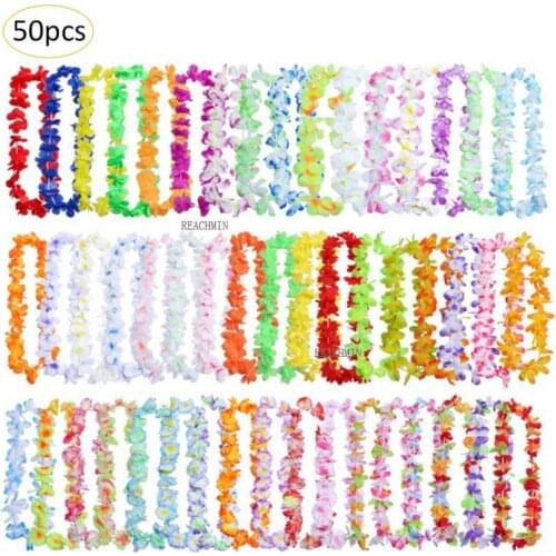 50pcs Hawaiian Wreath Hawaiian Leis Garland Artificial Necklace Hawaii Flowers Leis Spring Party Supplies Beach Fun Wreath