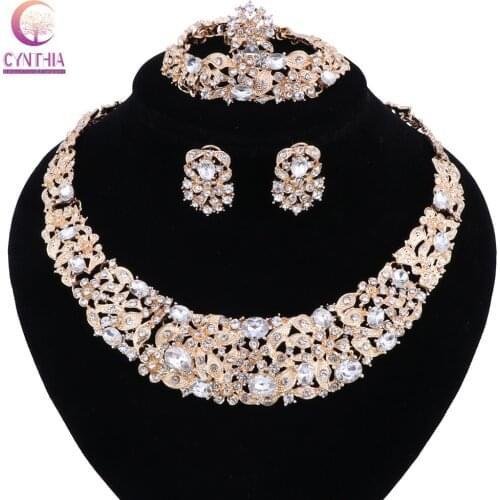 African Beads Jewelry Sets For Women Necklace Earrings Bangle Rings Set Wedding Party Gold Color Crystal Wedding Accessories