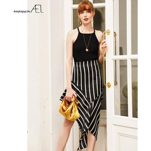 AEL Wrap Satin Midi Skirt Asymmetric Women Black White Stripe High Waist Skirts High Fashion Feminino Skirt 2019