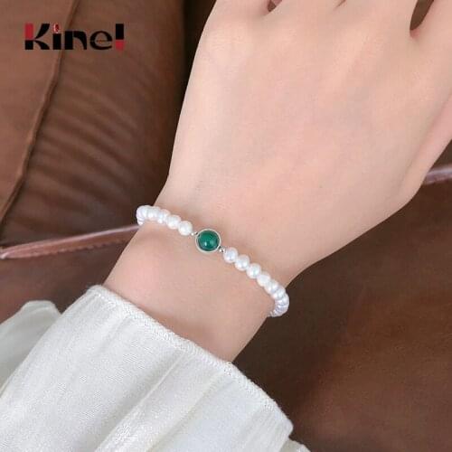 Kinel Trendy 925 Sterling Silver Green Agate Natural Freshwater Pearl Bracelets for Women Fashion Bracelet Jewelry Making Gift