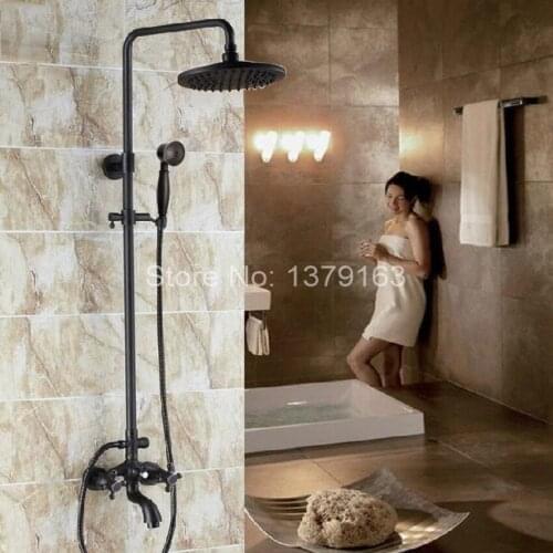Black Oil Rubbed Bronze Bathroom Rainfall Shower Faucet 8" Round Shower Head Set Bathtub Mixer Tap Two Cross Handle ars454