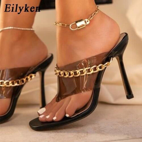 Eilyken Summer Fashion Pink Sexy Chain Metal PVC Transparent Thin Heeis Slippers Outside Flip-flops Womens slides Shoes