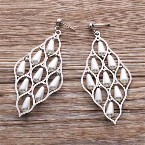 Geometirc Creative Filigree Earrings for Women Imitation Pearl Pendant Drop Earring Cute Accessories Spring Summer Girl Jewelry