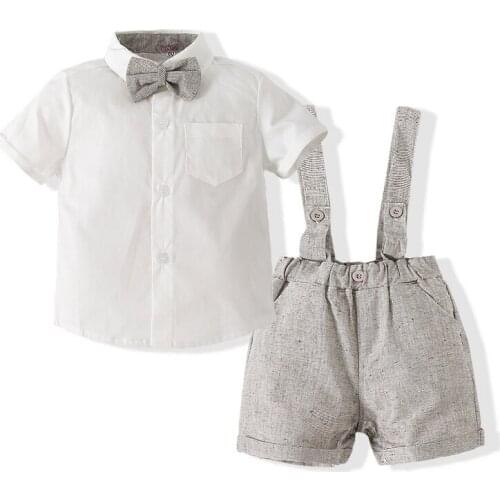 Kimocat Baby Boy Gentleman Suit, Summer Short-Sleeved Shirt Top + Bow Tie + Suspender Shorts Baby Suit 6 Months-3 Years