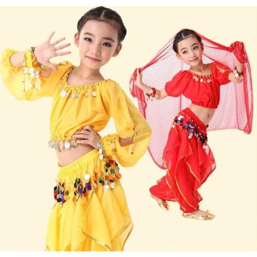 Belly Dance Costume 4 Pcs (Tops+Pants+Bracelet+Veil )child Indian Dance Costume for Performance Clothing Belly Dance Wear 89