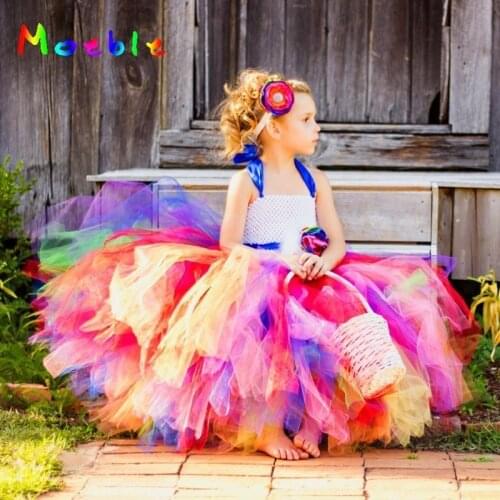 Beautiful Rainbow Girl Tutu Dress With Removable Sash Children Kids Birthday Wedding Photo Costume Flower Girl Tulle Dresses
