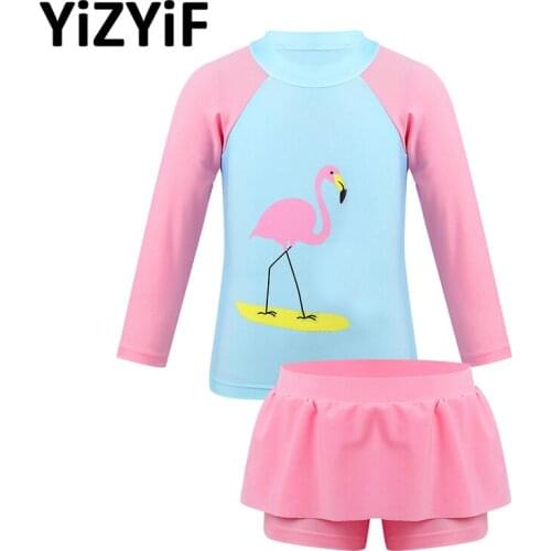 Cute Swimwear Kids Girls Tankini Swimsuit Set Flamingo Printed Long Sleeves Rashguard Bathing Suit Summer Swimming Beach Wear