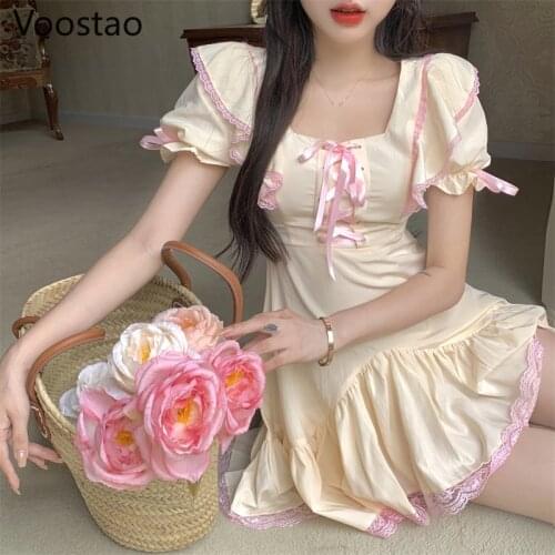 Summer Sweet Lolita Style Princess Dress Women Elegant Lace Ruffles Bandage Mini Dresses Girls Gentle Cute Holiday Fairy Dress