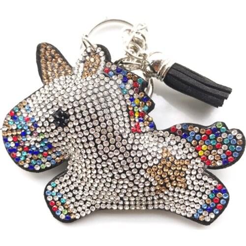 Cute Color Unicorn Keychain Rhinestone Leather Tassel Crystal Key Ring Womens Holder Car bag Horse Pendant Animal Jewelry