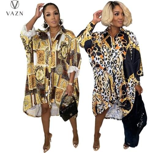 VAZN 2021 New Fashion Women Spring Street Casual Style Short Dress Long Sleeve Lapel Printed Knee-length Shirt Dress