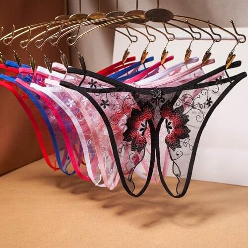 New Embroidery Sexy Thongs Lace Transparent Panties for Women Sexy Underwear Erotic Lingerie G String Open Crotch Briefs