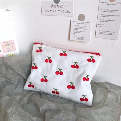 SIXONE INS Canvas Cherry Embroidery Pencil Case Cosmetic Bag Korean Kawaii Storage Bag Concise Cute Student Пенал Stationery