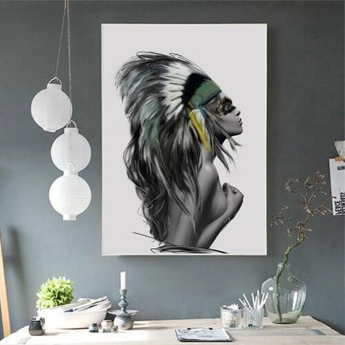 Simple Fashion Abstract Feather Tribal Girl Art Canvas Painting Poster Wall Art Pictures for Living Room Home Decor (No Frame)