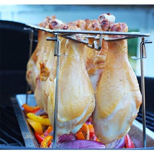 BBQ Beef Chicken Leg Wing Grill Rack 14 Slots Stainless Steel Barbecue Drumsticks Holder Smoker Oven Roaster Stand with Drip Pan