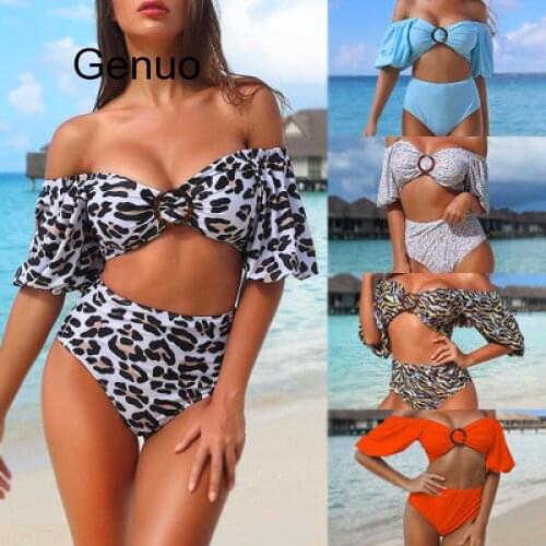 Leopard High Waist Bikini Set Women Puff Sleeve Print Push Up Bathing Suit Sexy Two Piece Brazilian Swimsuit Beach Swim Wear