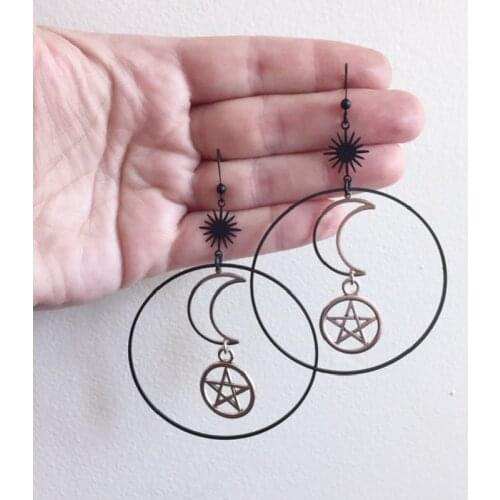 Moon Sun Starburst Pentagram Hoop Earrings Drop Witch Gothic Jewelry Women Gift Crescent Wholesale Statement Punk Fashion Trend