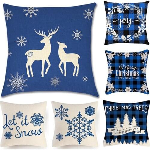 Blue Plaid Christmas Pillowcase 45 x45cm Blue Merry Christmas Printed Farmhouse Cushion Cover Sofa Home Decorative Pillowcase