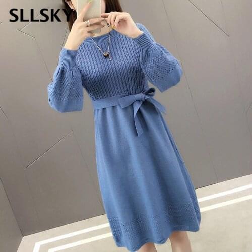 Sllsky Winter knitted women Sweater Dress Fashion O neck Thick Solid Long Dress 2020 Autumn New Belt Twist Dress for female