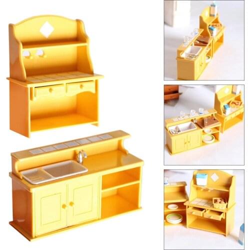 Modern Miniature Plastic Kitchen Counter Cabinet Cupboard Furniture Set for 1:12 Doll House or OB11 Dolls Ornament