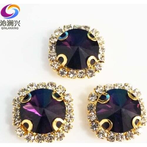Deep purple Round shape top glass crystal rhinestones with hole,golden bottom sew on stone for Diy Clothing accessories