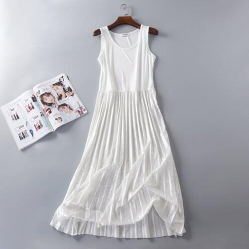 Spring Women Modal Patchwork Velvet Dress Female Long Sleeveless Spaghetti Strap Dress Bottom Pleated Tank Dresses Vestidos 2085