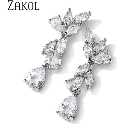 ZAKOL 2021 New Water Drop Cubic Zirconia Dangle Earrings for Women Luxury Leaf Shape Bridal Wedding Jewelry EP2962
