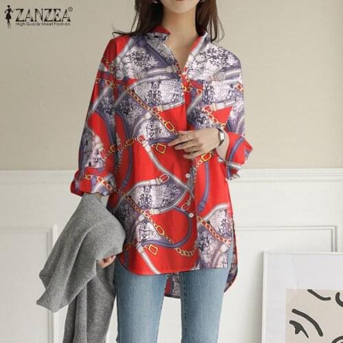 ZANZEA Stylish Women Shirts 2021 Summer Vintage Print Top Casual Long Sleeve Pockets Lady Loose Turn Down Collar Oversized Blusa
