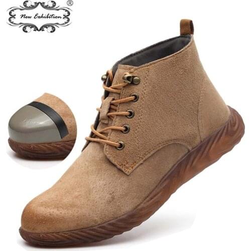 New exhibition Safety Work Boots Men Genuine leather cap toe steel Desert Martin Boot Anti-piercing jelly bottom High work shoes