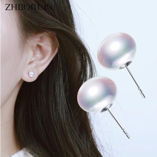 ZHBORUINI Pearl Earrings 925 Sterling Silver Jewelry For Women 7-10mm Oblate Stud Earring Natural Freshwater Pearl Jewelry Gift