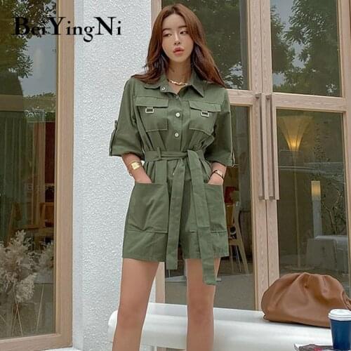 Beiyingni Female Jumpsuit With Belt Army Green Bodysuit Women Pockets Loose Overalls for Women Romper Streetwear Clothing Mujer