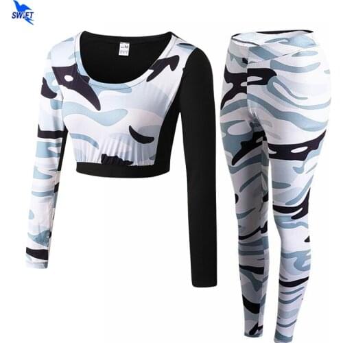 2Pcs/set Women Camouflage Sport Suit Gym Workout Clothing Long Sleeve Crop Top+Tights Yoga Set Running Jogging Fitness Tracksuit