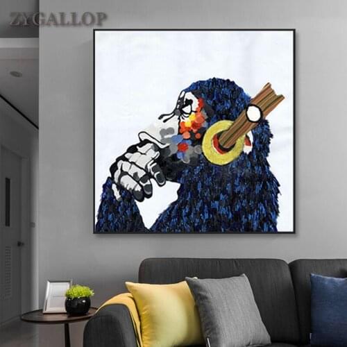 Abstract Monkey Canvas Painting Animal Wall Art Oil Painting Headphones Monkey Wall Pictures Print for Living Room Decor Posters