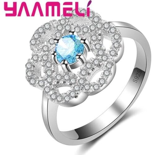 Large Flower Plate Embellished Crystal Multi-color 925 Sterling Silver Ring Hollow Style Classic Simple For Lady