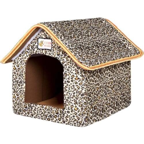 Pet House Foldable Bed With Mat Soft Winter Warm Leopard Dog Cushion Puppy Sofa Kennel Nest For Small Medium Dogs Cat Litter
