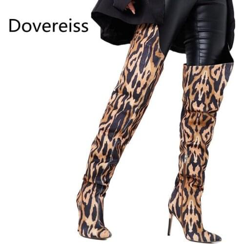 Dovereiss Fashion Womens Shoes Winter Pointed Toe Stilettos Heels Sexy Elegant Leopard print Over the knee boots Concise 35-43