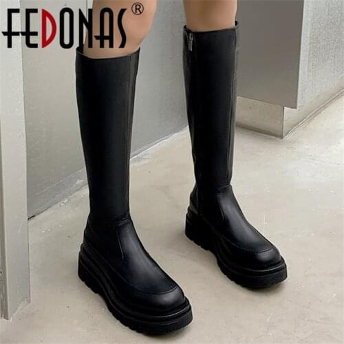 FEDONAS Platforms Zip Long Boots Autumn Winter Women Knee-High Boots Fashion Concise Casual Party Thick Heels Shoes Woman Basic