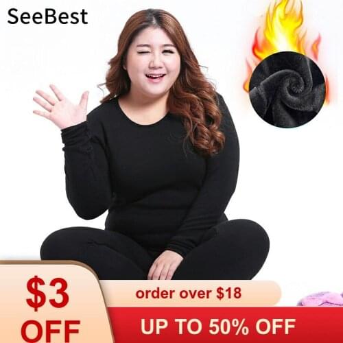 SeeBest 6XL Women Thermal Underwear Set Suit Winter Plus Size Fleece Long Johns Mother Flat Body Inner Wear Bigger Clothes Black