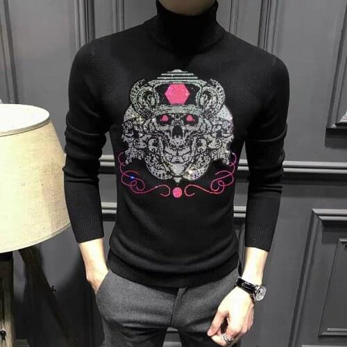 Domineering Brand Turtleneck Mens Sweater Cashmere Sweatshirt Hot Drilling Skull Slim Fit Pullover Top Quality