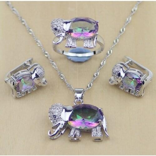 Mystic Rainbow Cubic Zirconia Elephant 925 Sterling Silver Jewelry Set For Women Wedding Earrings/Pendant/Necklace/Rings T004