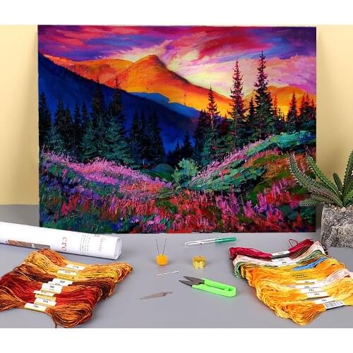 Landscape Evening Printed Water-Soluble Canvas 11CT Cross Stitch Embroidery Complete Kit DMC Threads Sewing Craft Needle