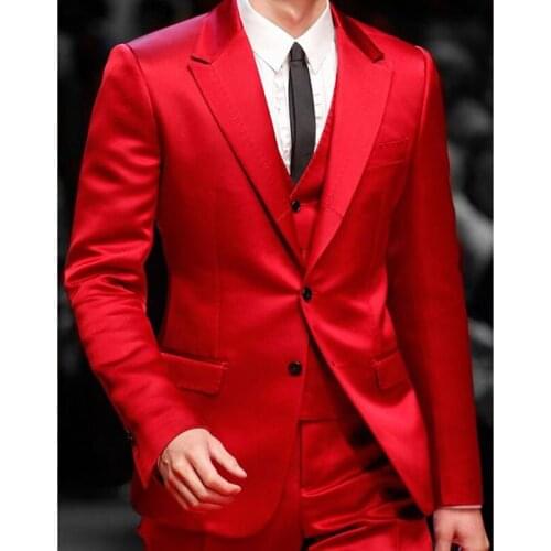 Slim fit Red Prom Men Suits for Singer Stage 3 piece Satin Man Fashion Jacket Waistcoat with Pants Wedding Groom Tuxedo 2020
