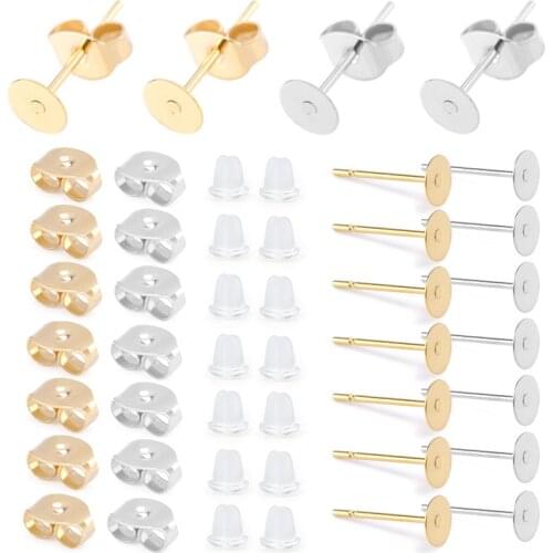 300PCS/Lot 3-6mm Stainless Steel Blank Post Earring Studs Pins Base With Earring Back Stoppers For Earring Making Supplies DIY