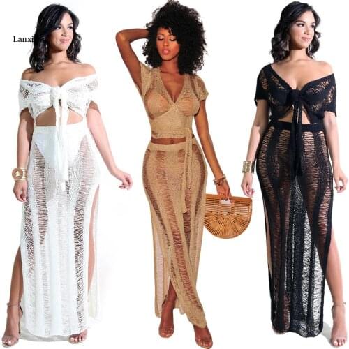 Sexy Knited 2 Pieces Women Crocheted Bikini Top And Lace Up Tassel Skirt Crocheted Casual Suit Set Beach Summer Clothings