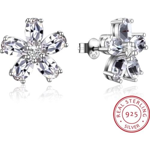 LEKANI Crystals Flower Stud Earrings Real S925 Silver Piercing Fine Jewelry For Women Wedding Christmas Gift