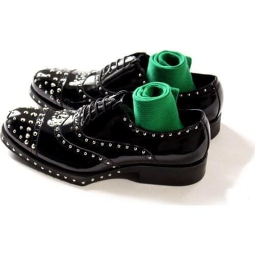 Oxford Shoes for Men Carved Handmade Rivet Real Leather Shoes Top Personality Lace Up Quality Brogue Shoes Men Plus Size Black