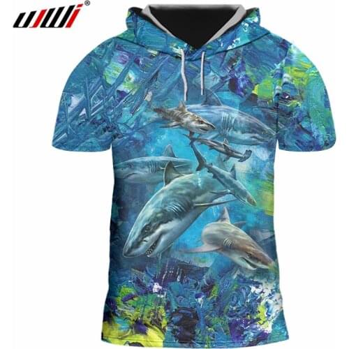 UJWI Harajuku Hip Hop Fashion 3D Printed Shark Hooded Tshirts Loose Cool Mens Ocean T Shirt Casual Trend Tops Plus Size Tops