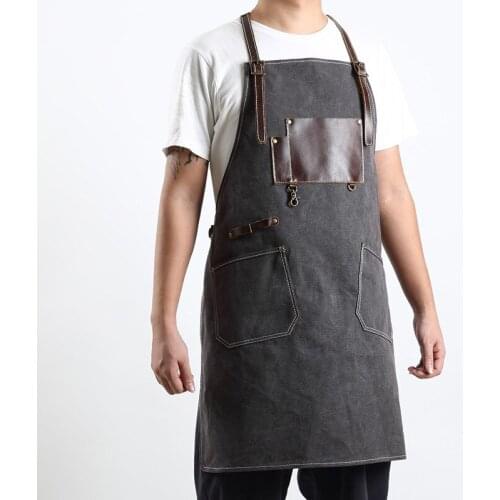Vintage Canvas Workshop Aprons With Pockets Craftsman Durable Work Tool Apron café Restaurant Florist Genuine Leather Accessory